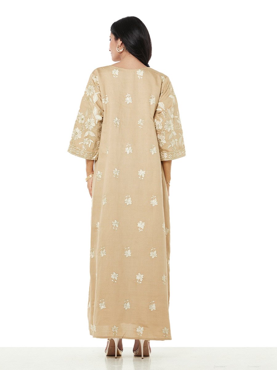 Beige Floral Embroidered Maxi Jalabiya