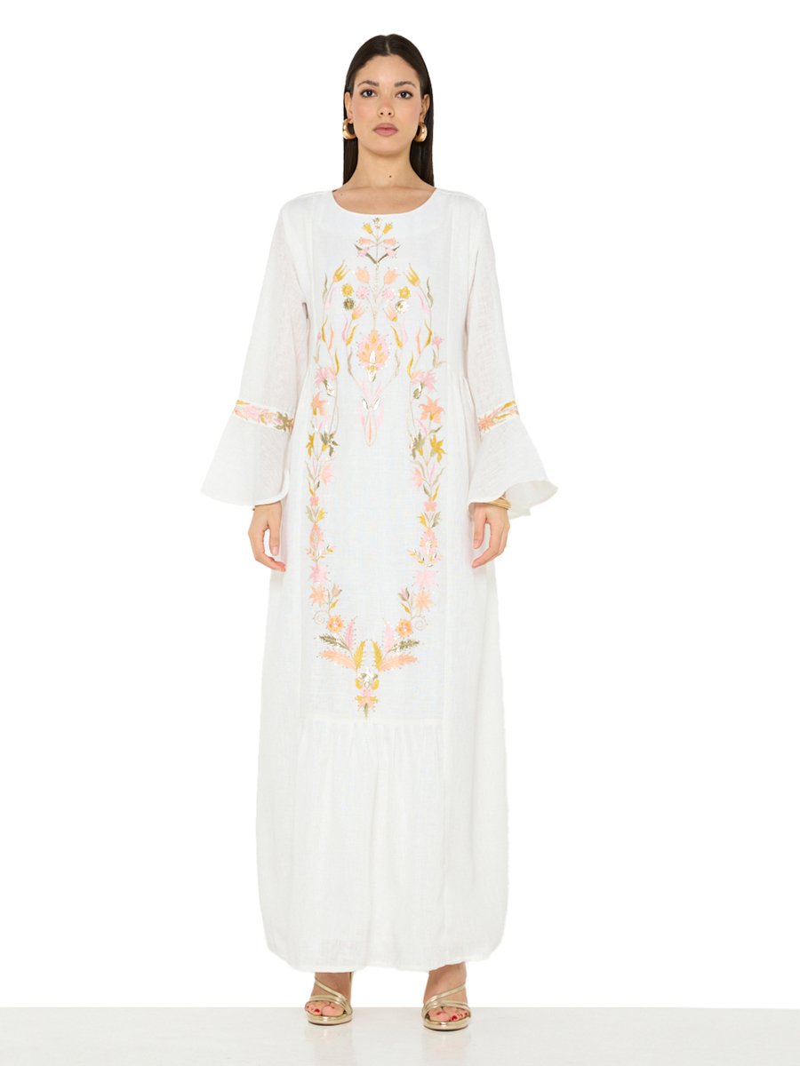 Off-White A-Line Maxi Jalabiya with Floral Embroidery