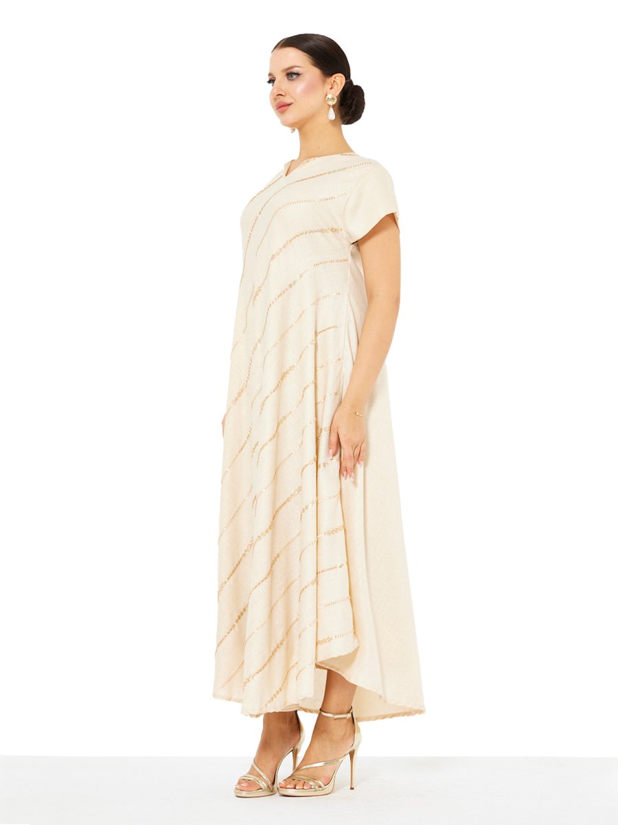 Beige A-Line Maxi Jalabiya with Gold Shimmer Embroidery