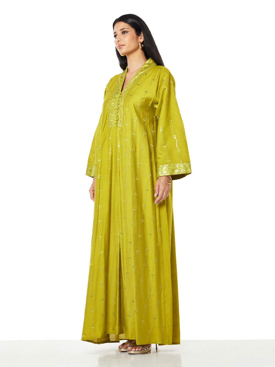 Mustard A-Line Maxi Jalabiya with Embroidery