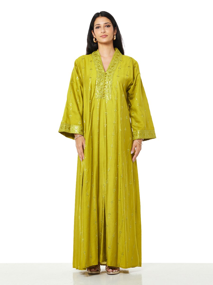 Mustard A-Line Maxi Jalabiya with Embroidery