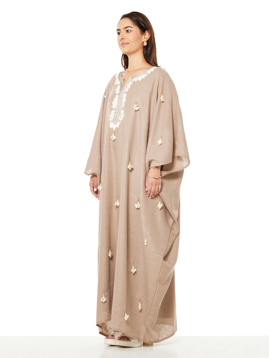 Beige A-Line Maxi Jalabiya with Beaded Embellishments