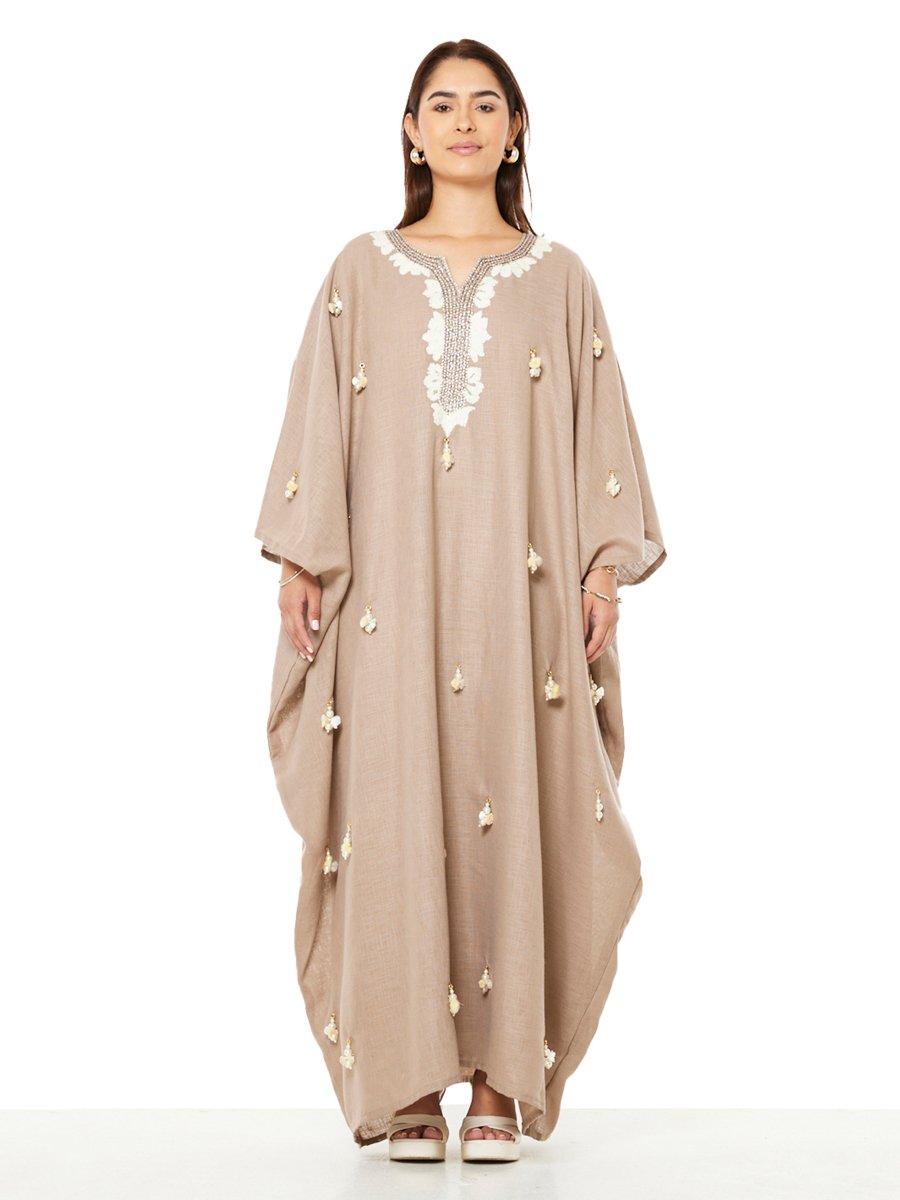 Beige A-Line Maxi Jalabiya with Beaded Embellishments