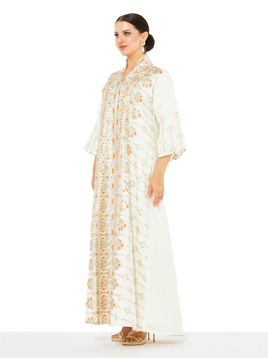 Cream A-Line Maxi Jalabiya with Ornate Embroidery