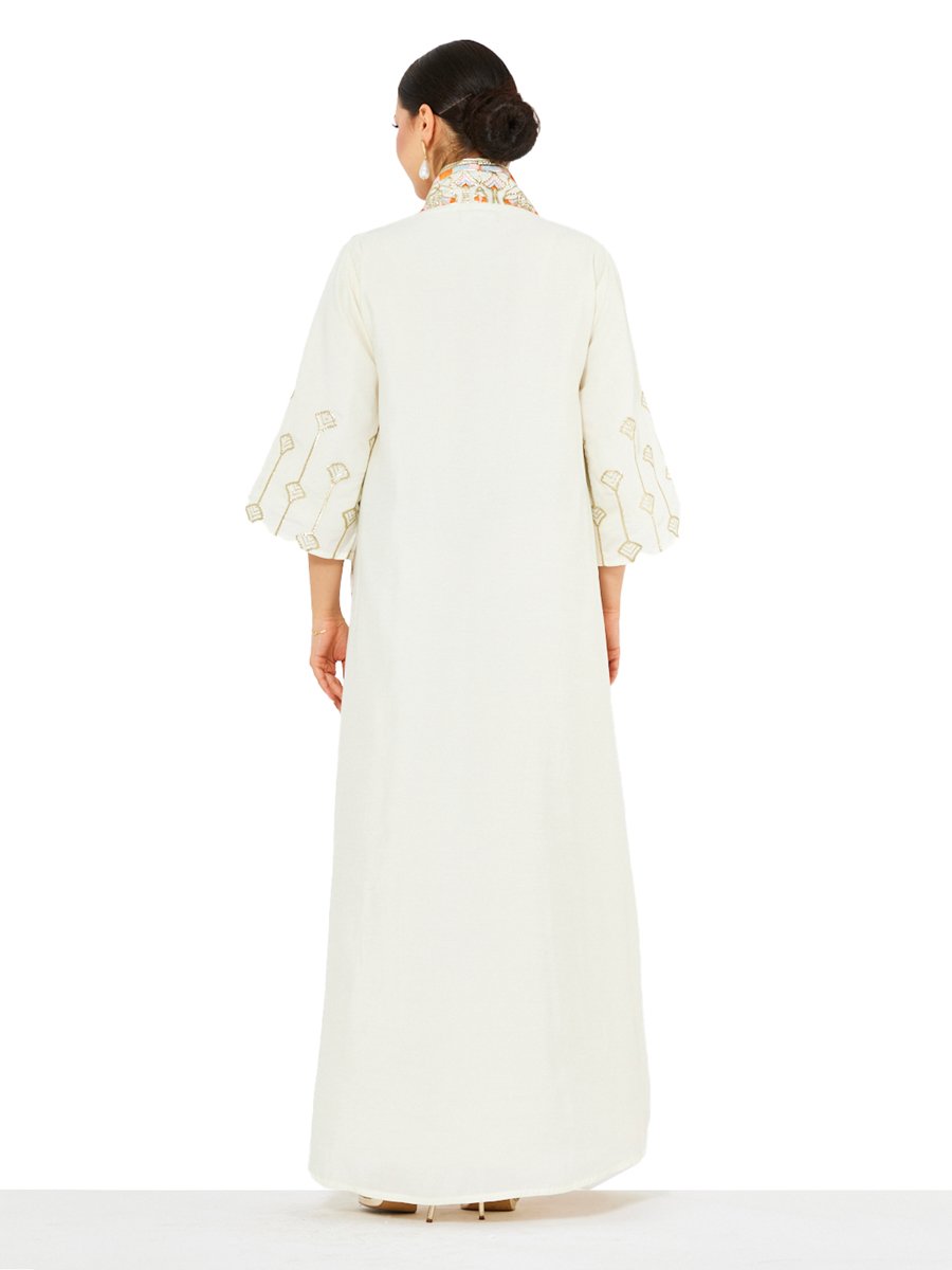 Cream A-Line Maxi Jalabiya with Ornate Embroidery