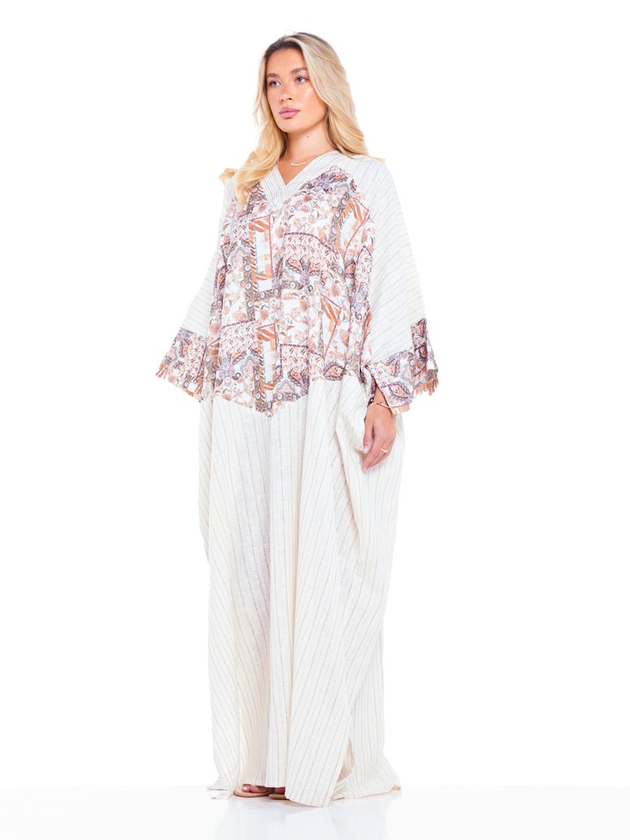 Beige Patchwork Print A-Line Maxi Kaftan Dress