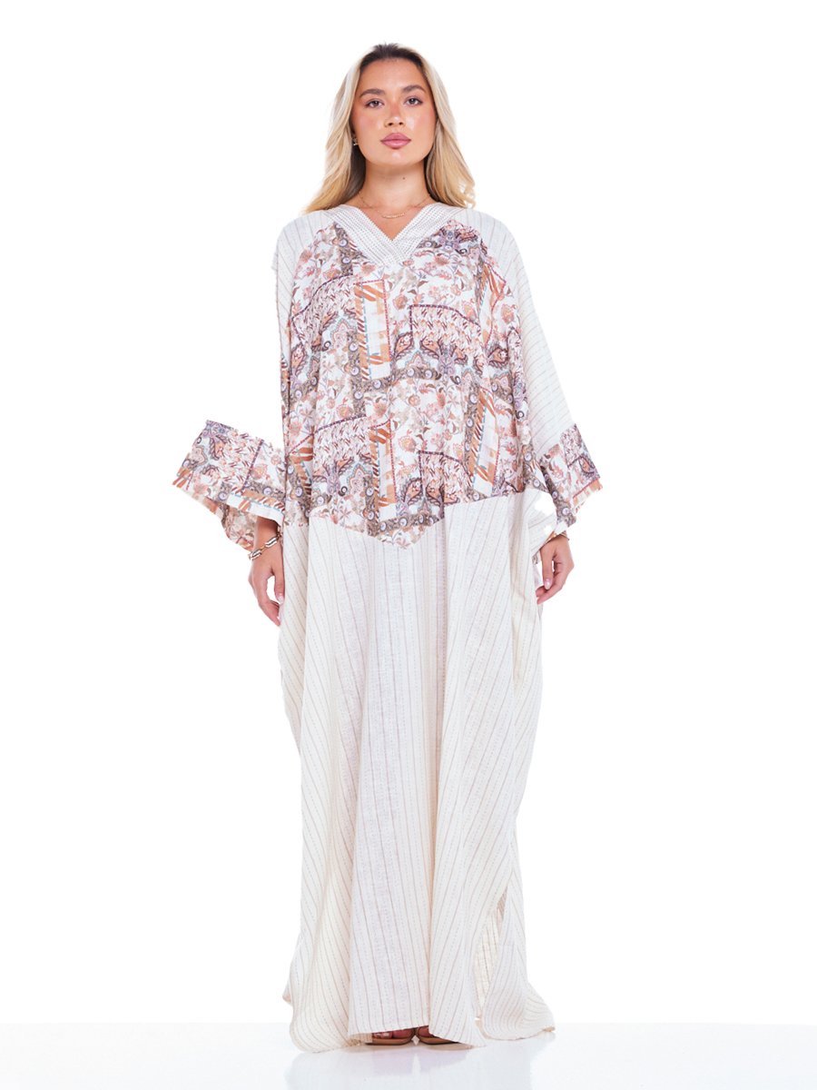 Beige Patchwork Print A-Line Maxi Kaftan Dress