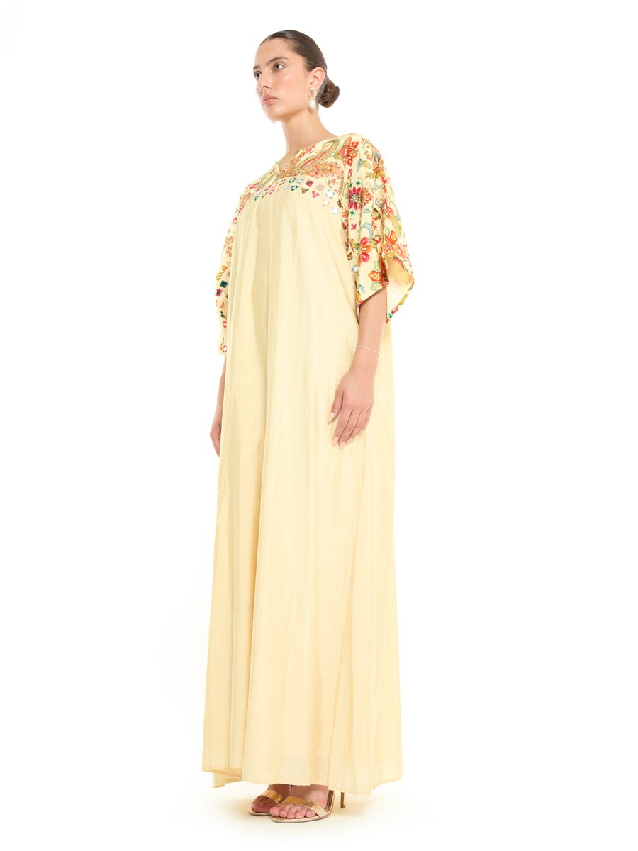 Cream A-Line Maxi Jalabiya with Floral Embroidery