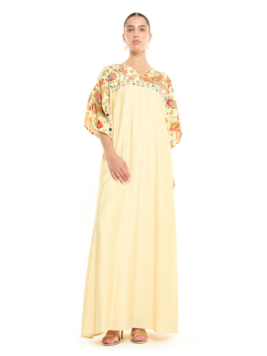Cream A-Line Maxi Jalabiya with Floral Embroidery