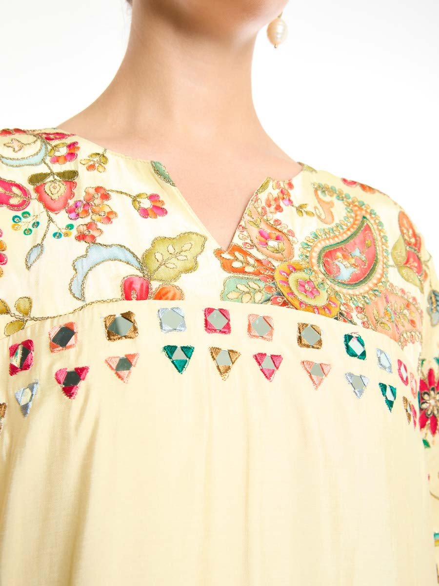 Cream A-Line Maxi Jalabiya with Floral Embroidery