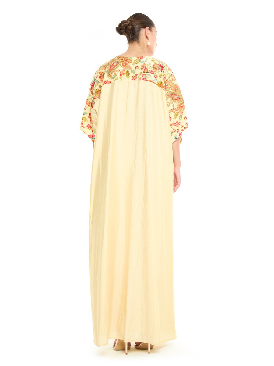 Cream A-Line Maxi Jalabiya with Floral Embroidery