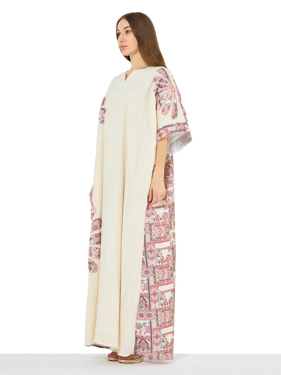 Cream A-Line Maxi Kaftan with Patchwork Motif