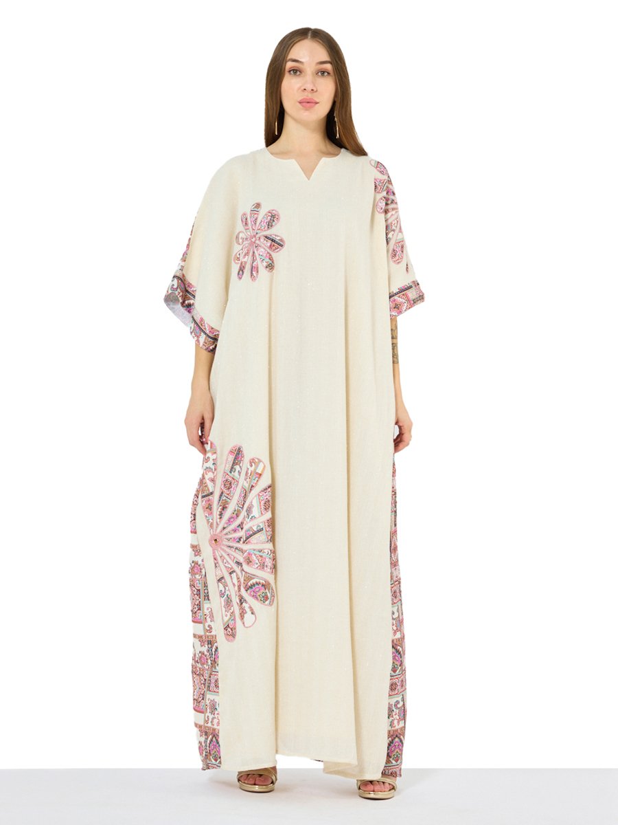 Cream A-Line Maxi Kaftan with Patchwork Motif