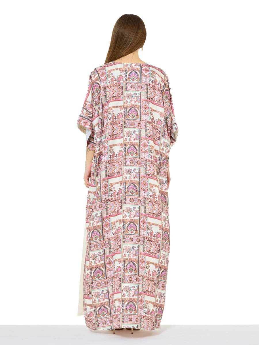Cream A-Line Maxi Kaftan with Patchwork Motif
