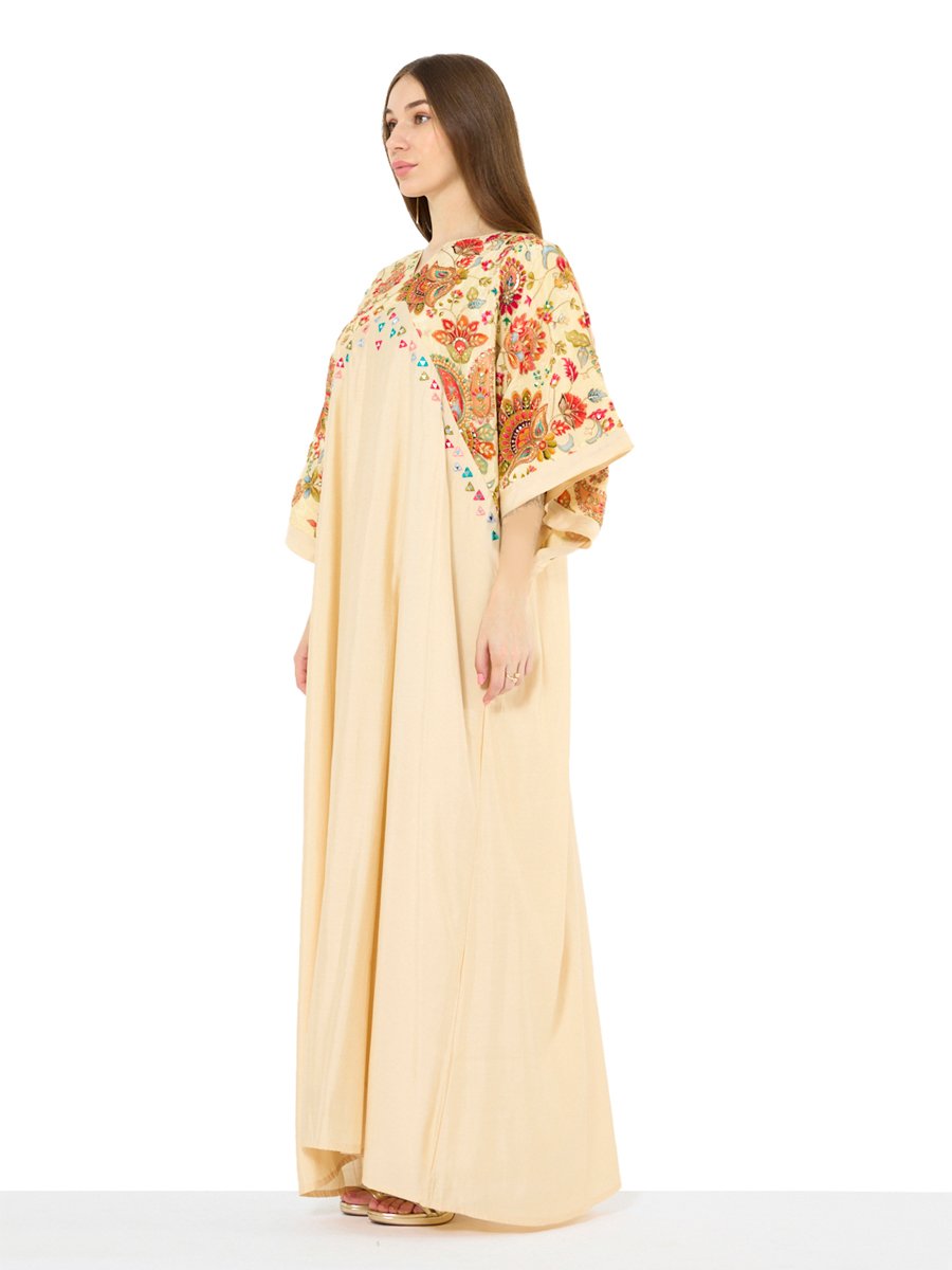 Beige Floral Embroidery A-Line Maxi Jalabiya