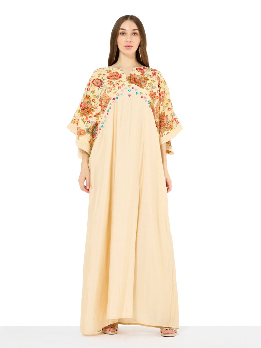 Beige Floral Embroidery A-Line Maxi Jalabiya