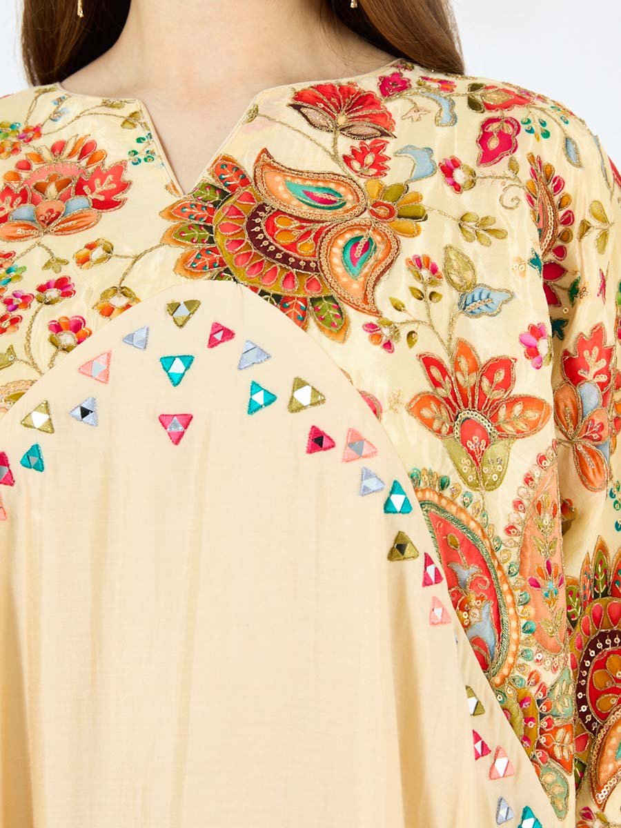 Beige Floral Embroidery A-Line Maxi Jalabiya