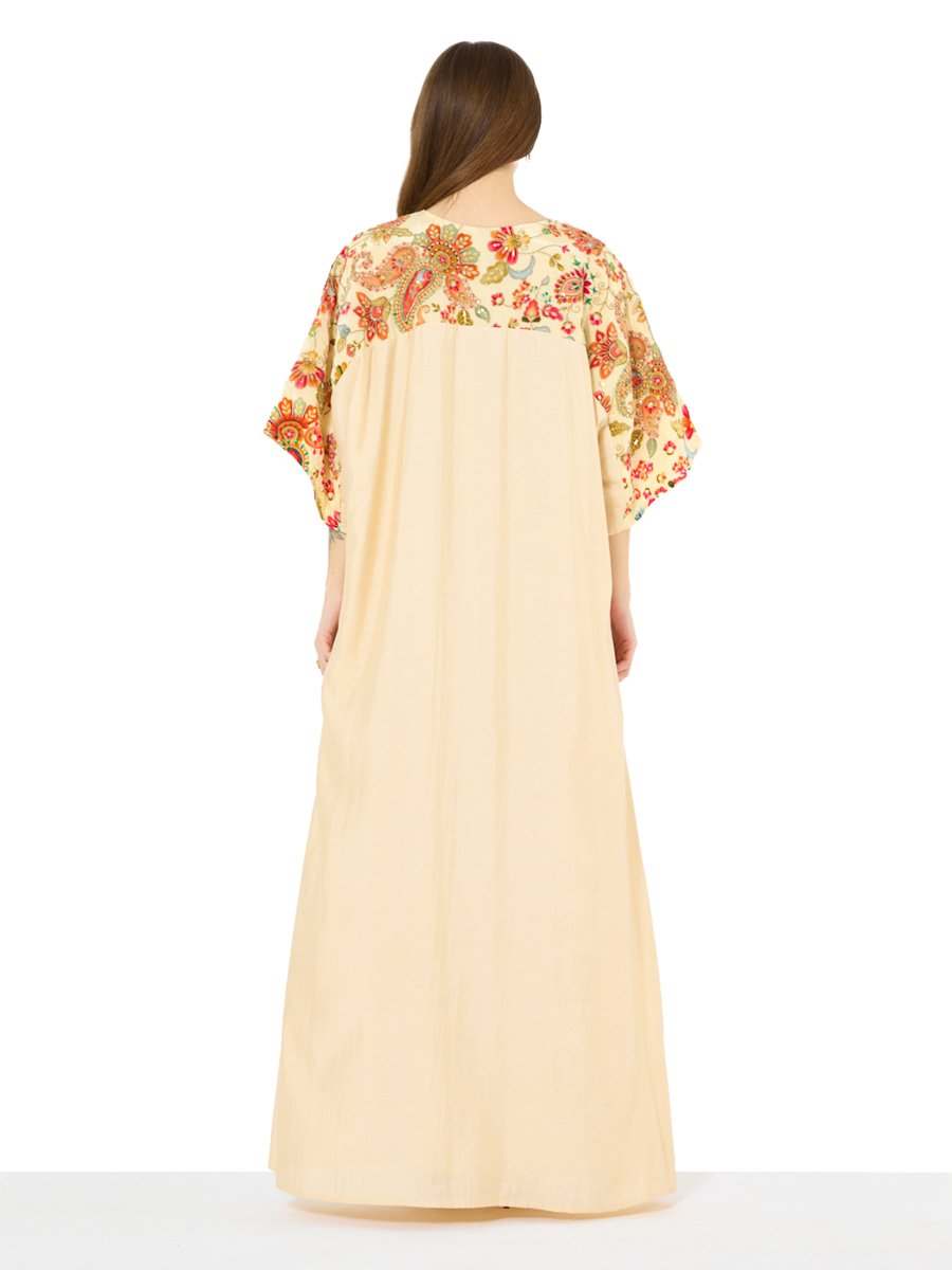 Beige Floral Embroidery A-Line Maxi Jalabiya