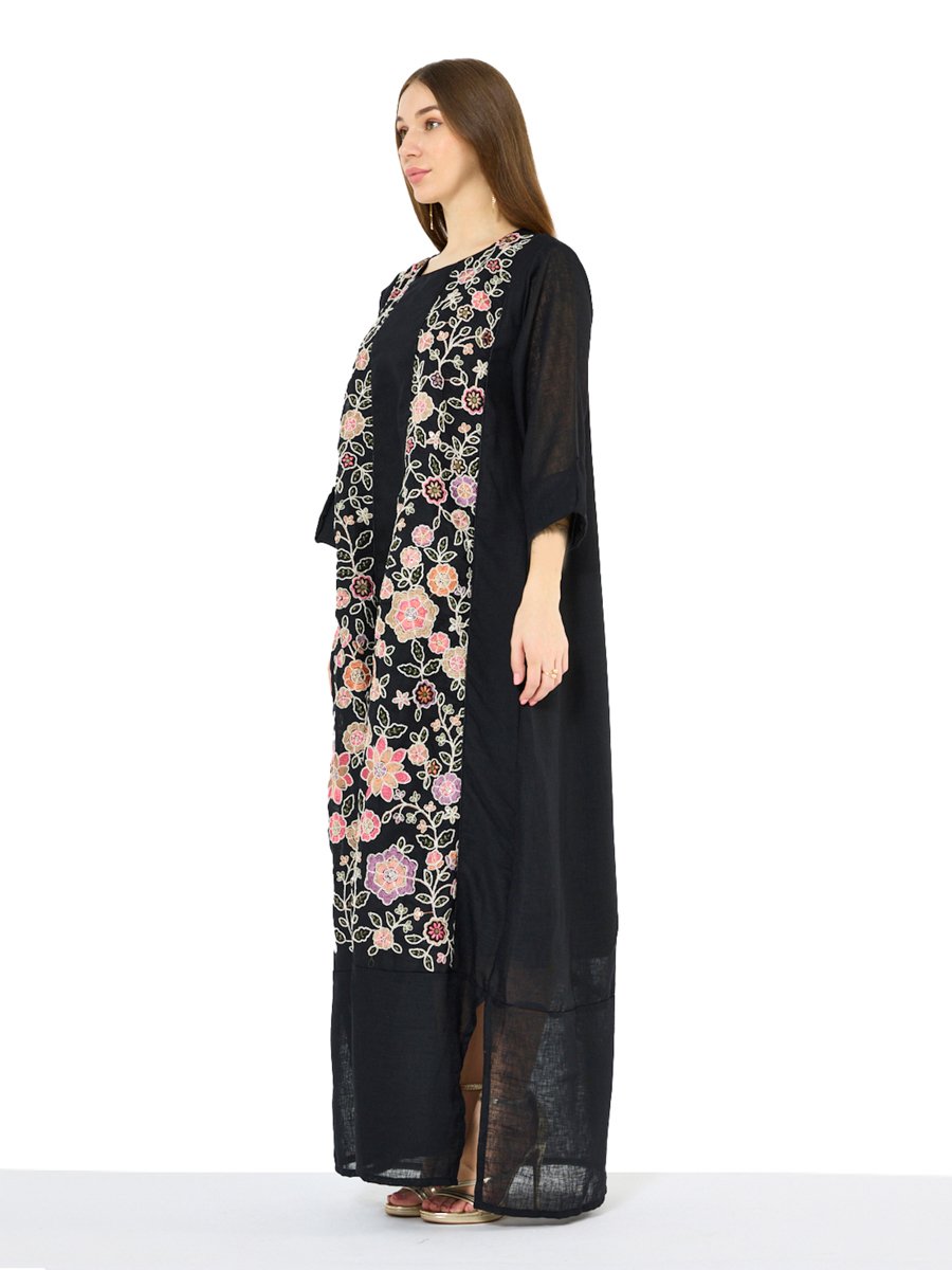 Black A-Line Maxi Jalabiya with Floral Embroidery