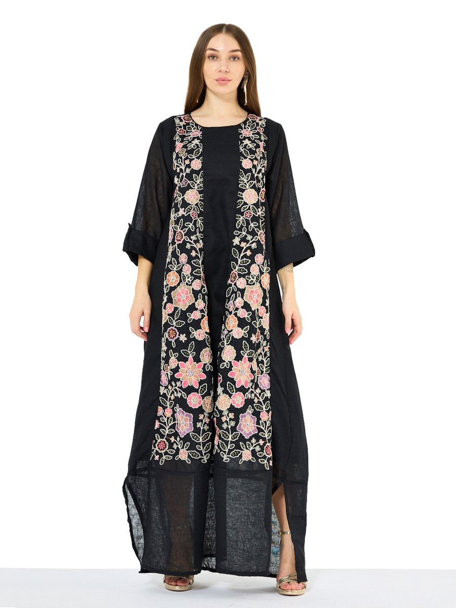Black A-Line Maxi Jalabiya with Floral Embroidery