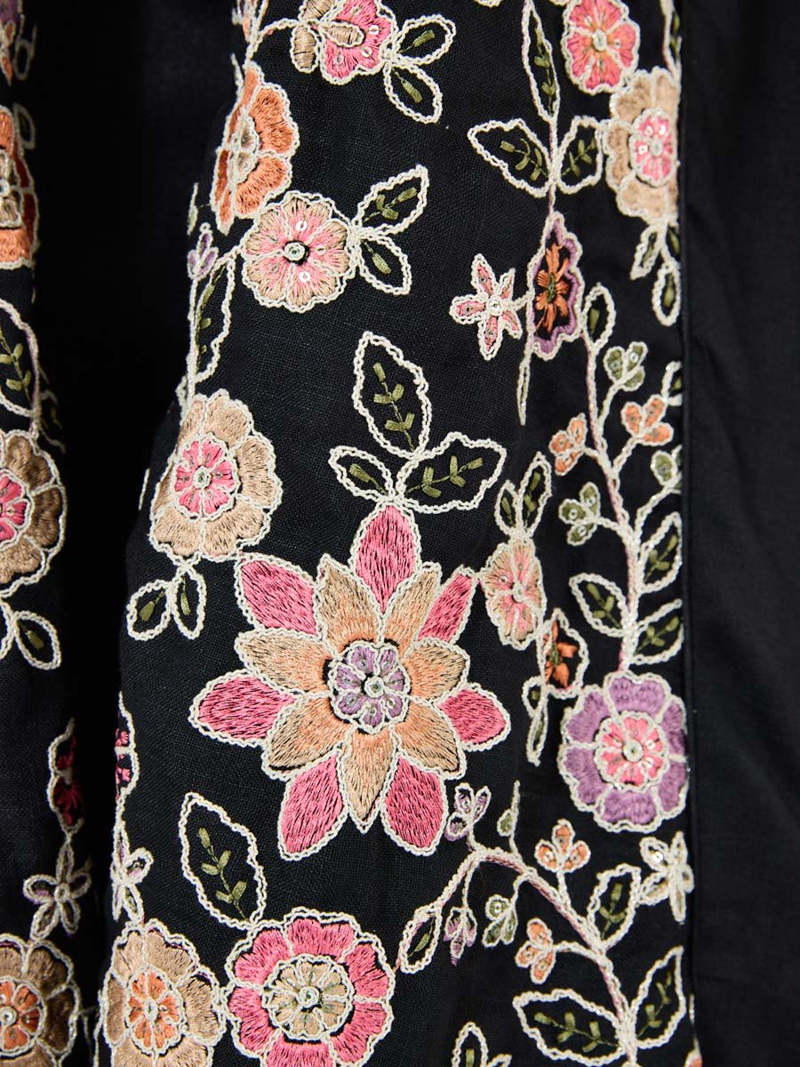 Black A-Line Maxi Jalabiya with Floral Embroidery