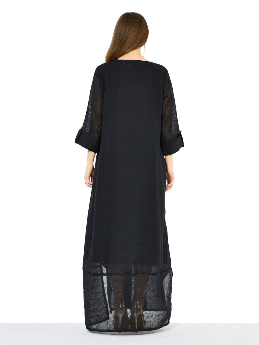 Black A-Line Maxi Jalabiya with Floral Embroidery