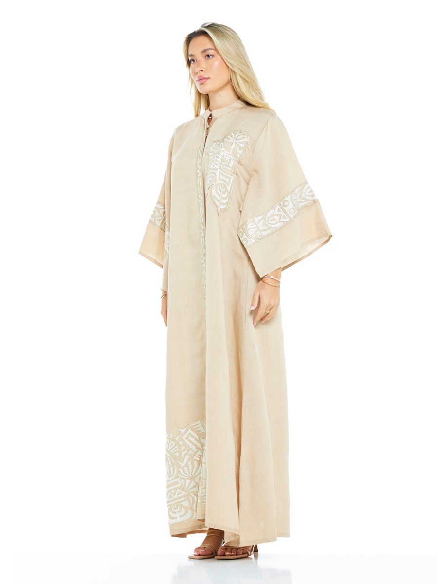 Beige Embroidered Flared Sleeves Maxi Jalabiya