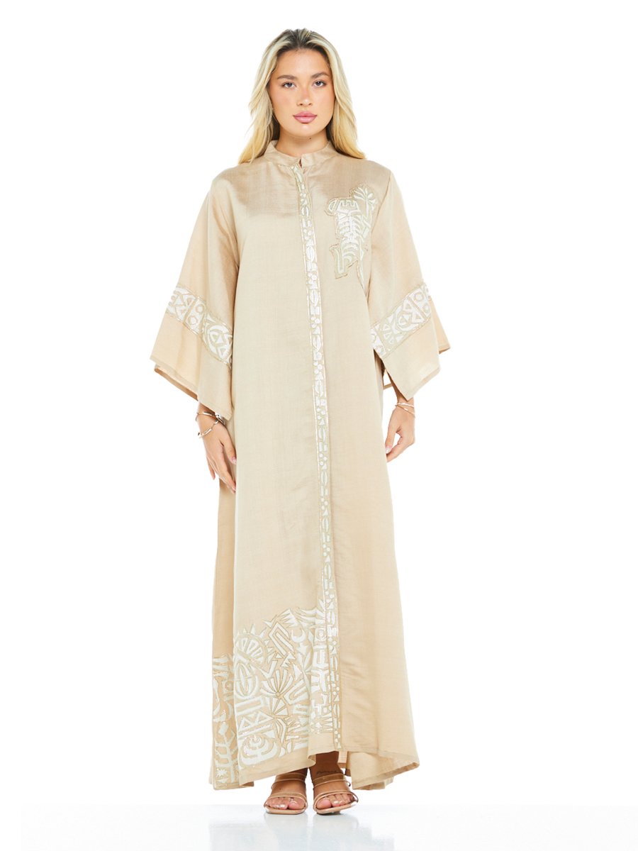 Beige Embroidered Flared Sleeves Maxi Jalabiya