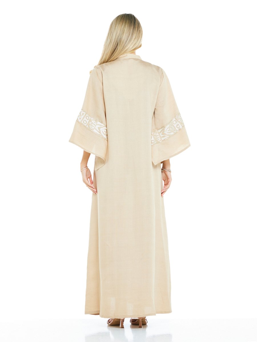 Beige Embroidered Flared Sleeves Maxi Jalabiya