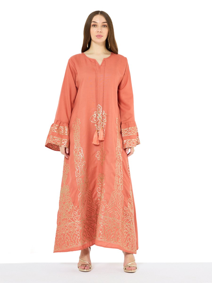 Rust Maxi A-Line Embroidered Jalabiya