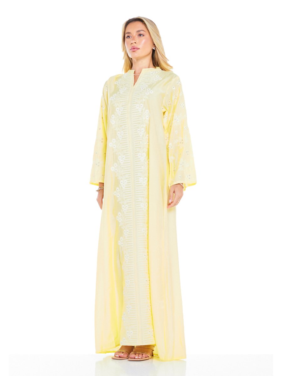 Yellow A-Line Maxi Jalabiya with Intricate Embroidery