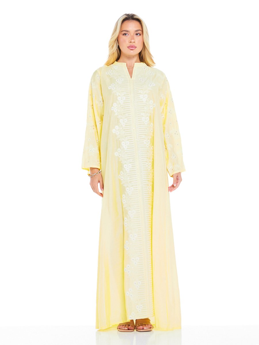 Yellow A-Line Maxi Jalabiya with Intricate Embroidery