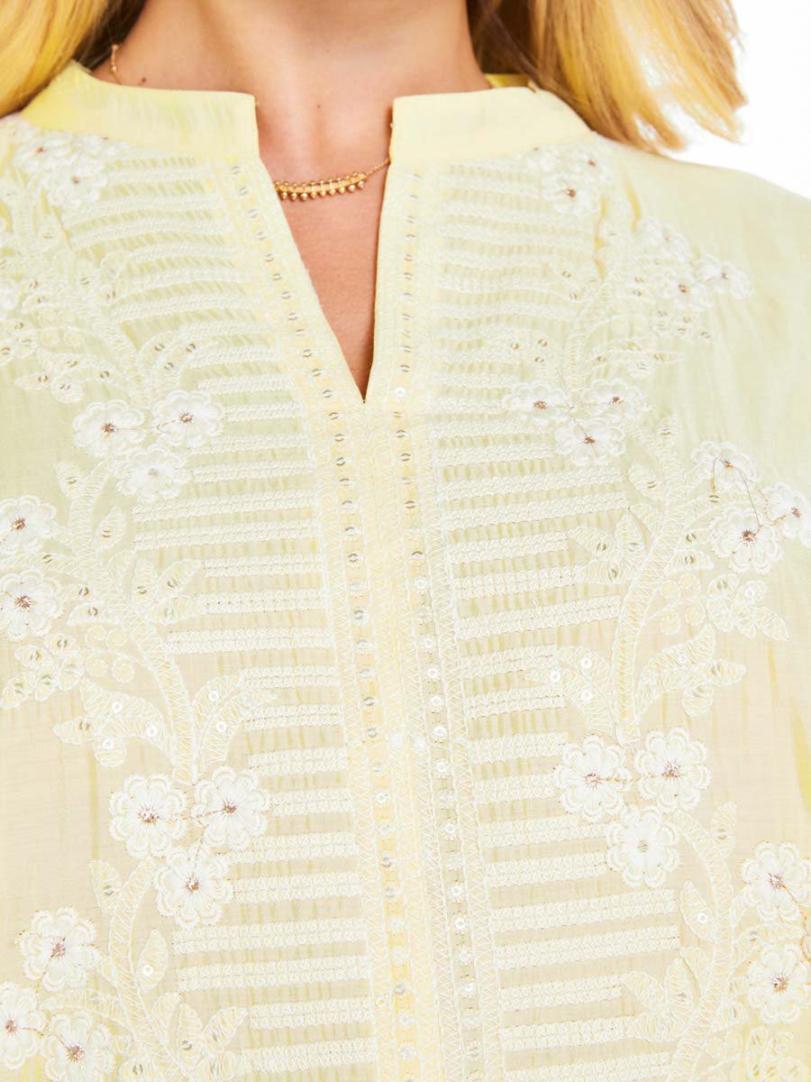Yellow A-Line Maxi Jalabiya with Intricate Embroidery
