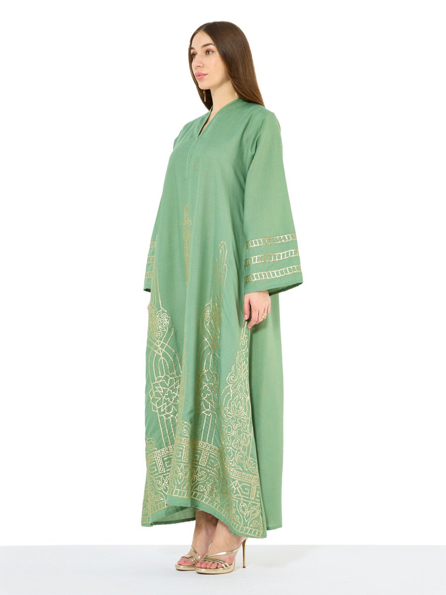 Green A-Line Maxi Jalabiya with Gold Embroidery