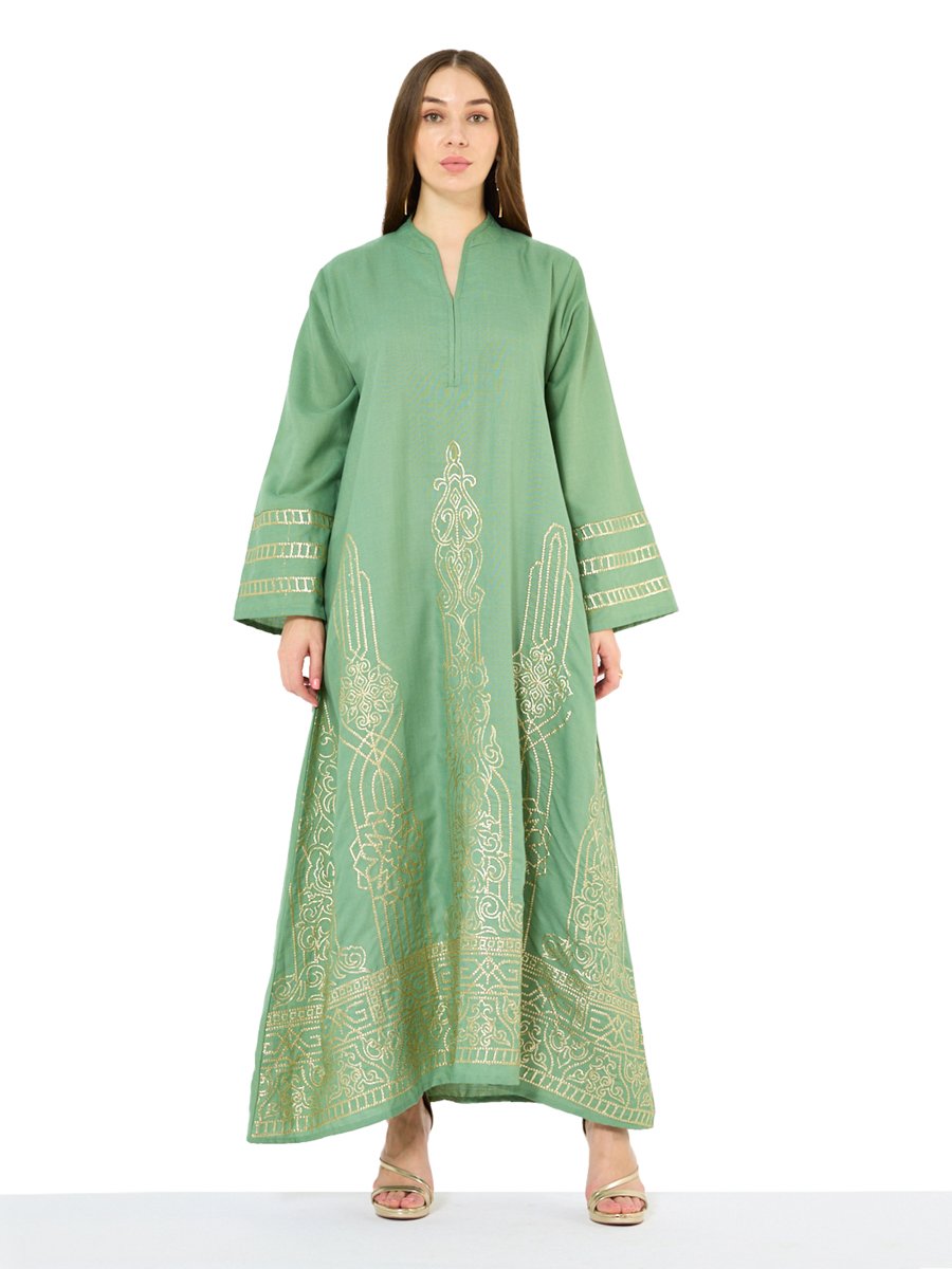 Green A-Line Maxi Jalabiya with Gold Embroidery