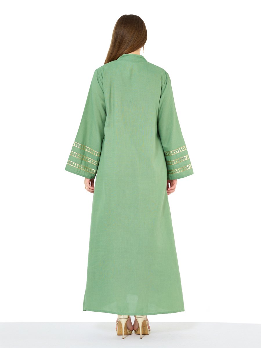Green A-Line Maxi Jalabiya with Gold Embroidery