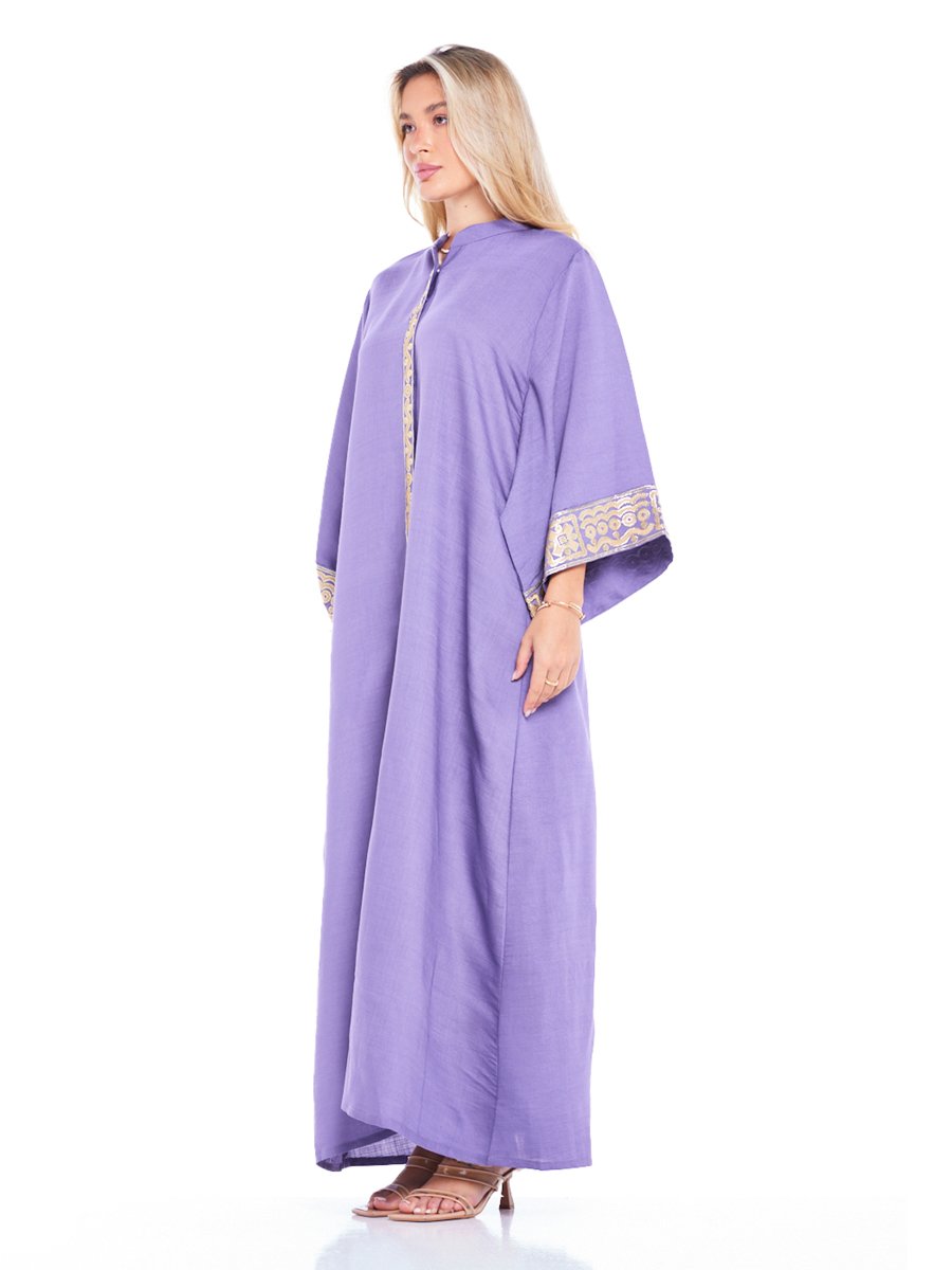 Purple A-Line Maxi Jalabiya with Intricate Cuff Embroidery