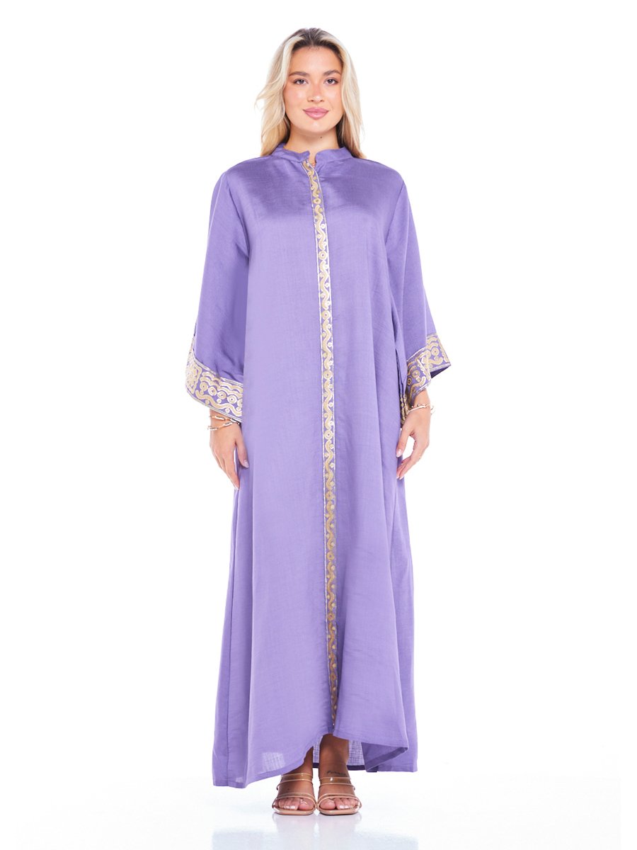 Purple A-Line Maxi Jalabiya with Intricate Cuff Embroidery
