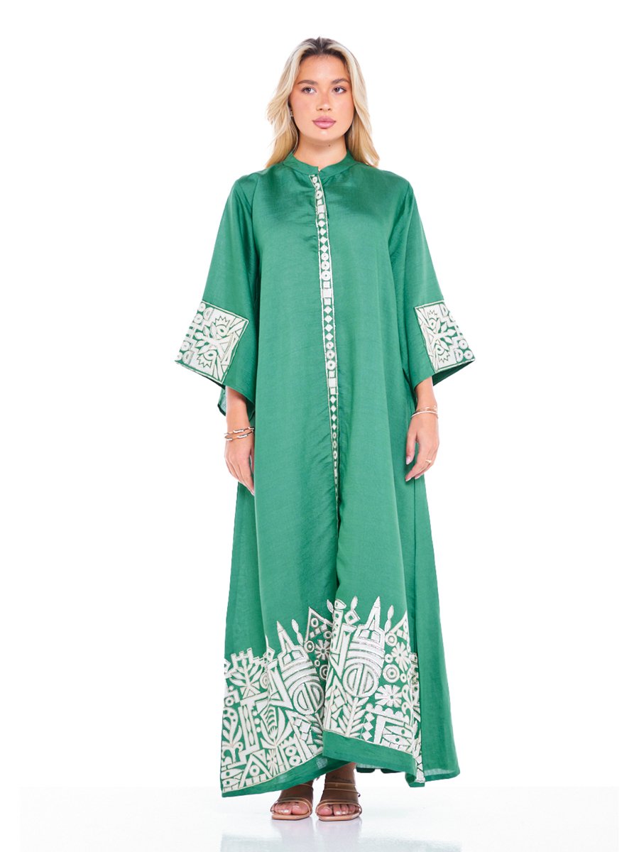Emerald Green Maxi A-Line Jalabiya with Intricate Border Embroidery