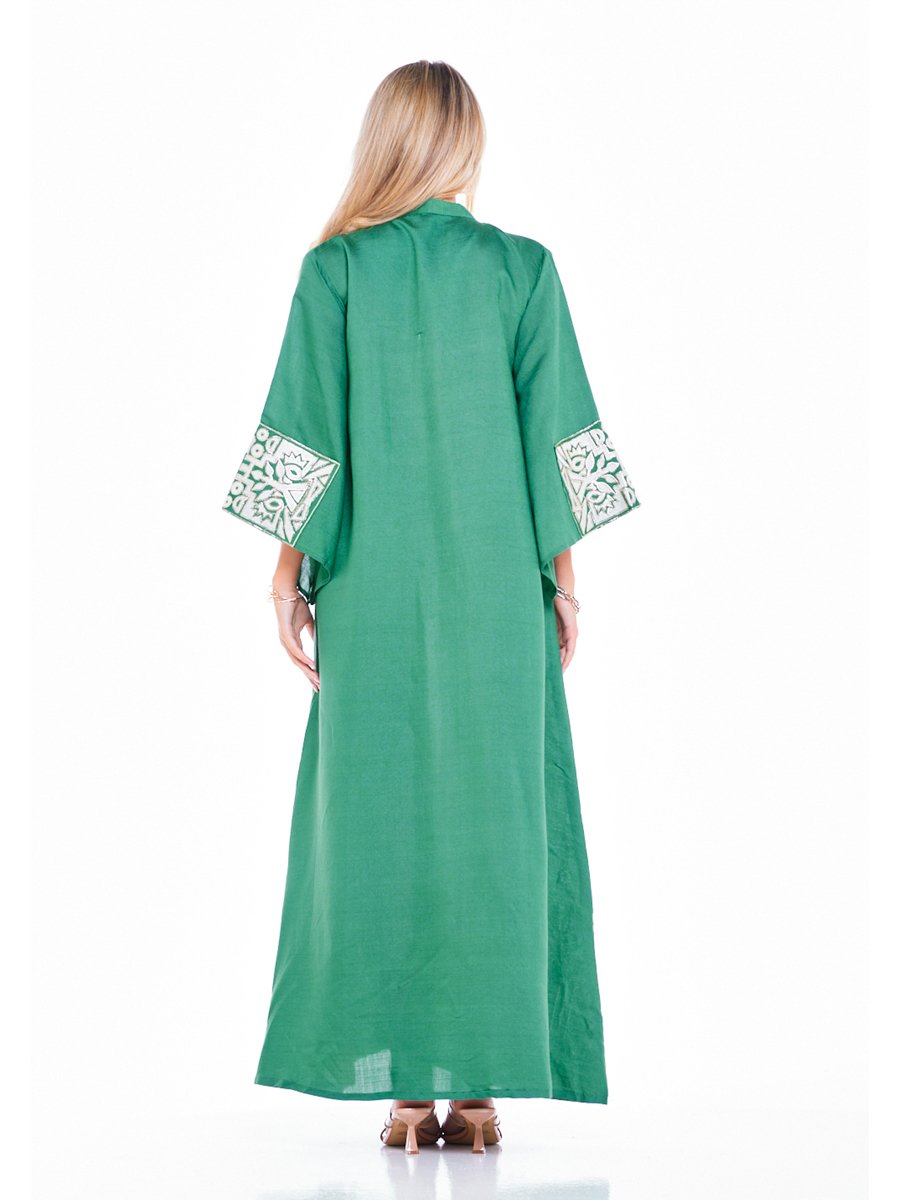 Emerald Green Maxi A-Line Jalabiya with Intricate Border Embroidery