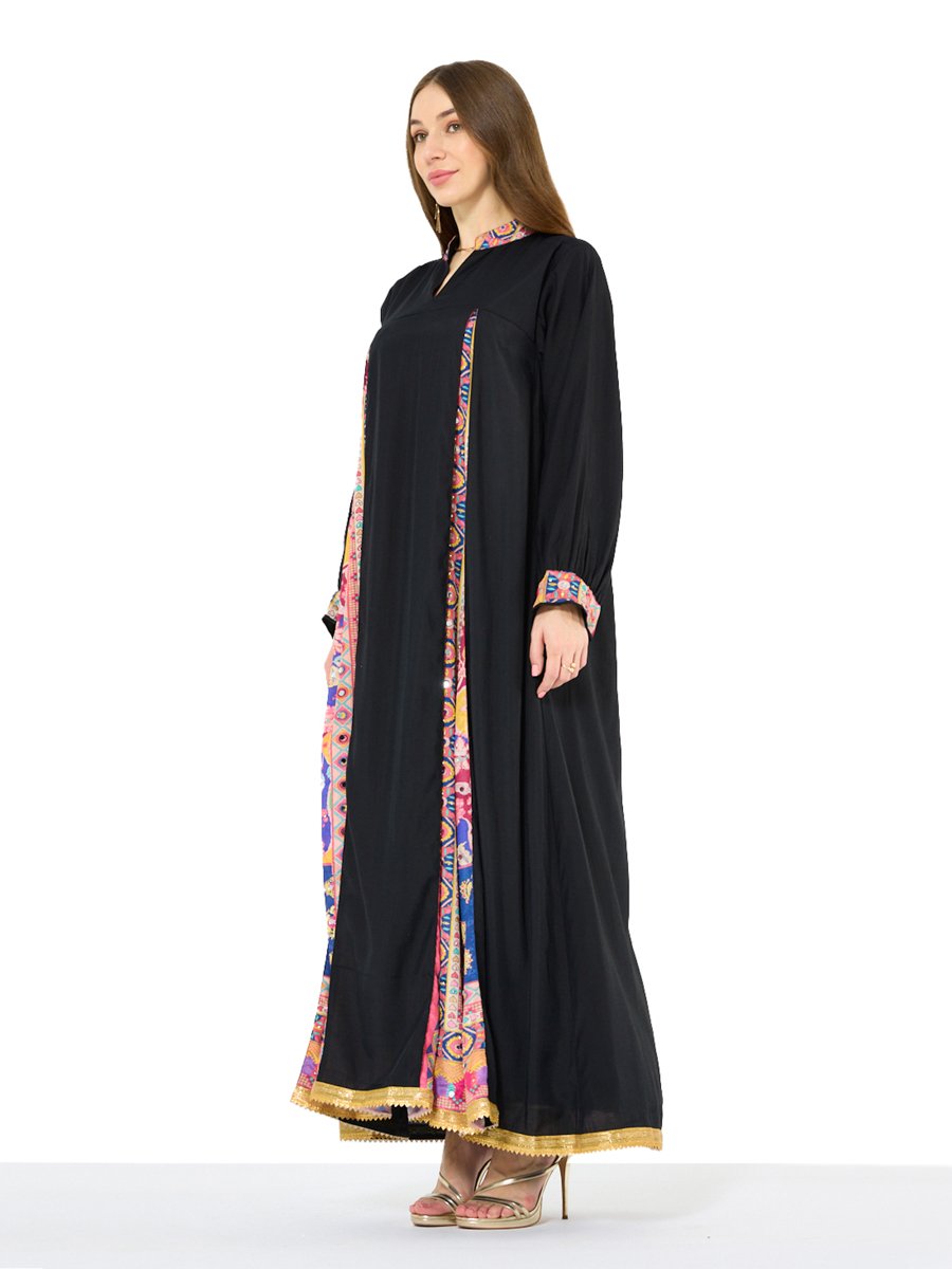 Black A-Line Maxi Jalabiya with Printed Trim
