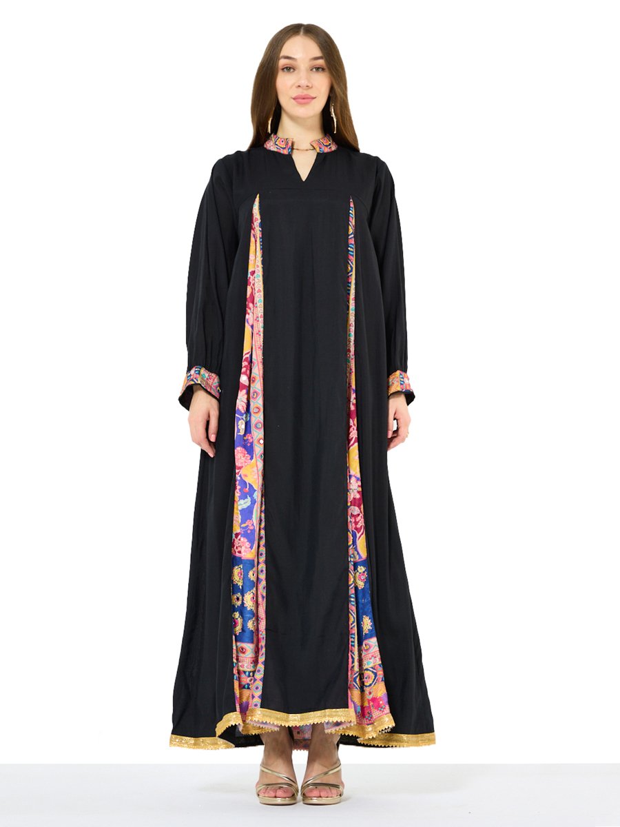 Black A-Line Maxi Jalabiya with Printed Trim