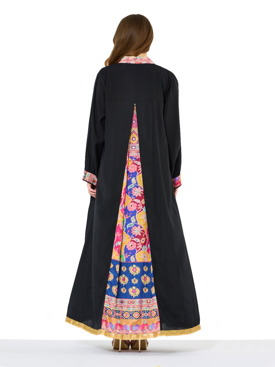 Black A-Line Maxi Jalabiya with Printed Trim