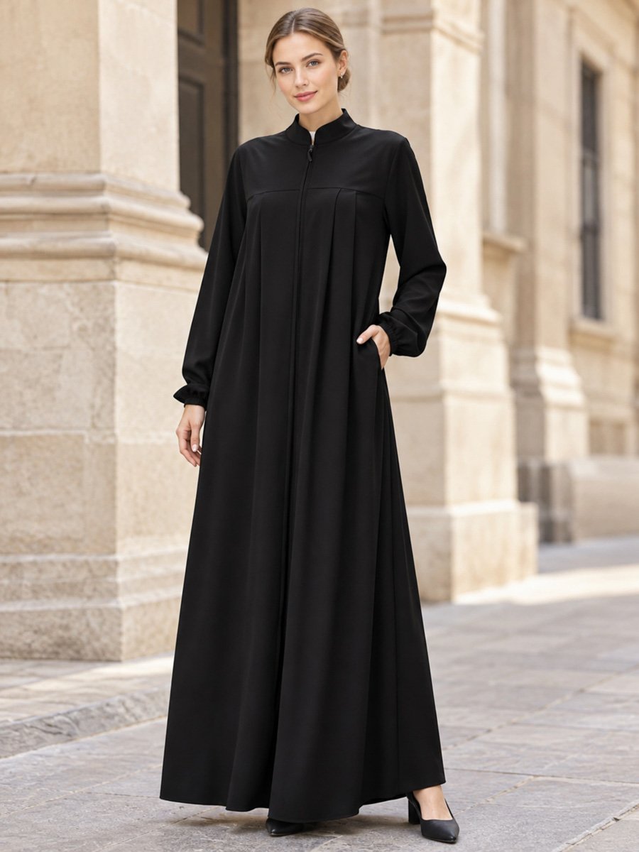 Black Zipper Stand Collar Pocketed Maxi Dress