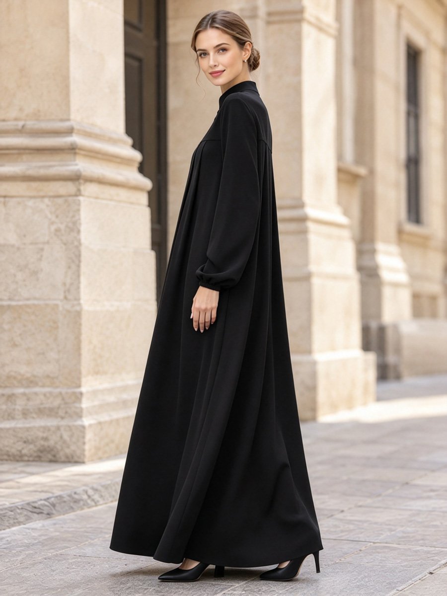 Black Zipper Stand Collar Pocketed Maxi Dress