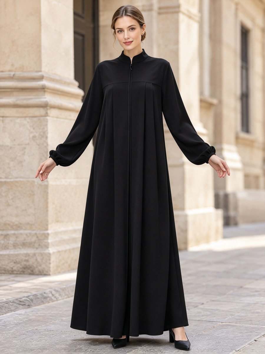 Black Zipper Stand Collar Pocketed Maxi Dress