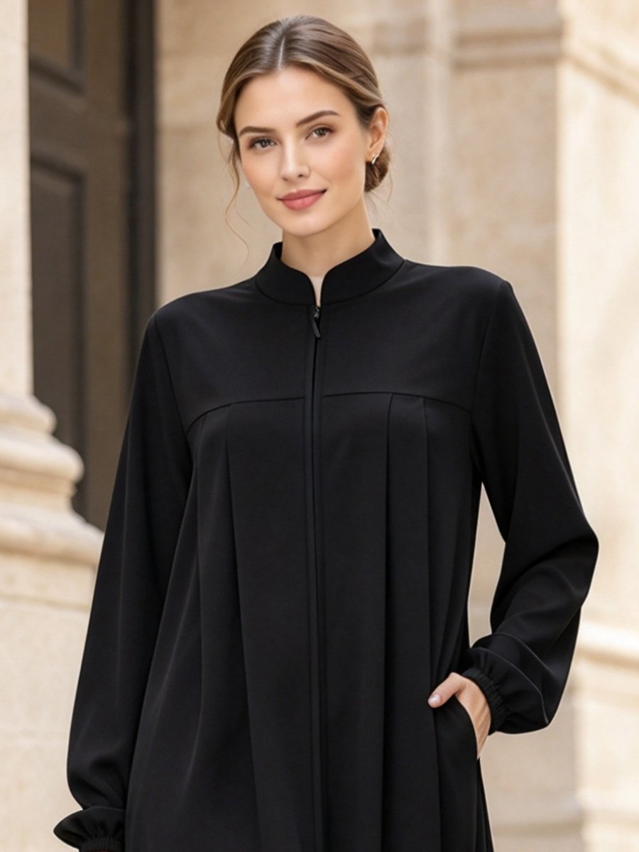 Black Zipper Stand Collar Pocketed Maxi Dress