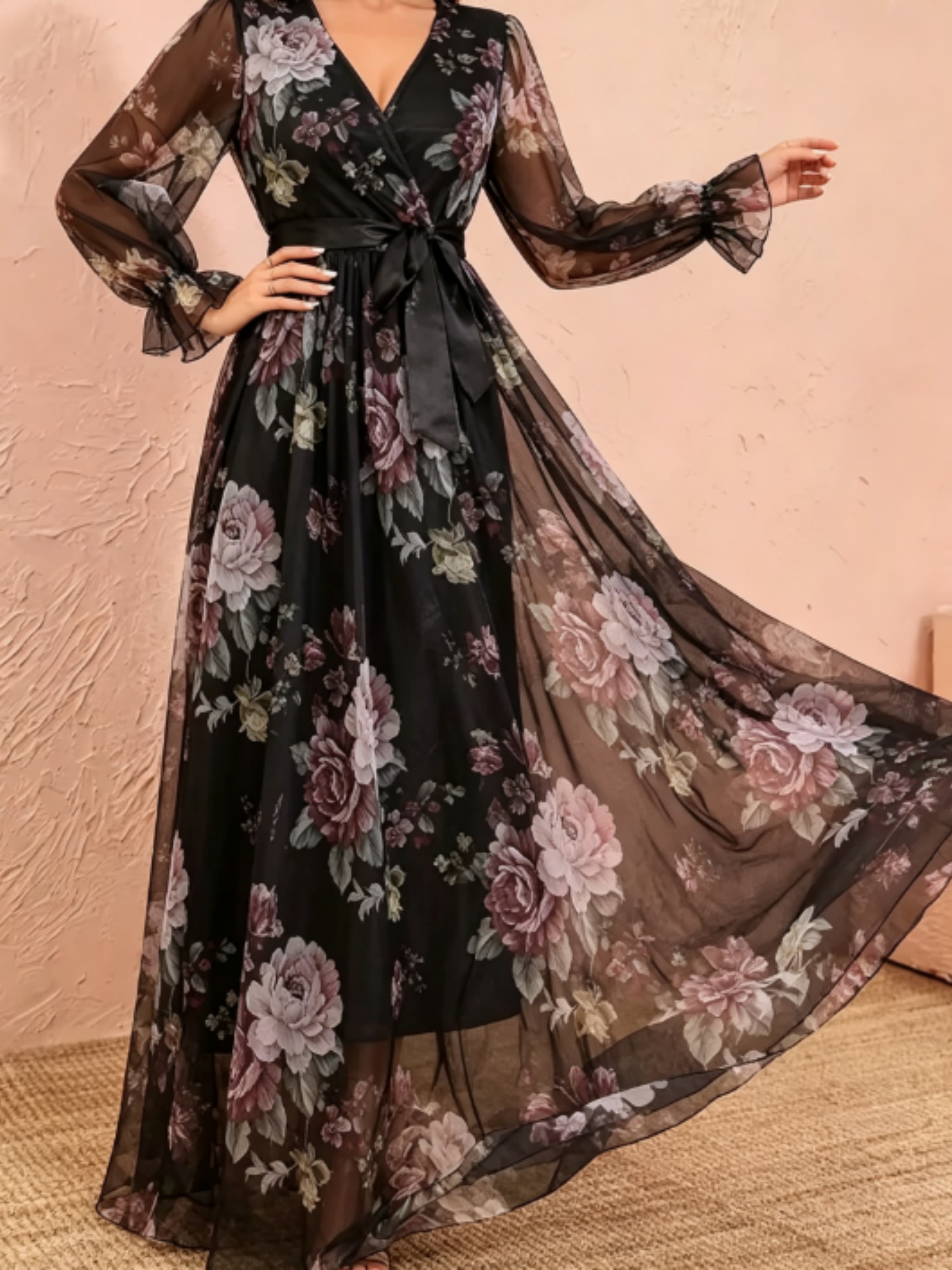 Black Floral Wrap V Neck Tulle Dress
