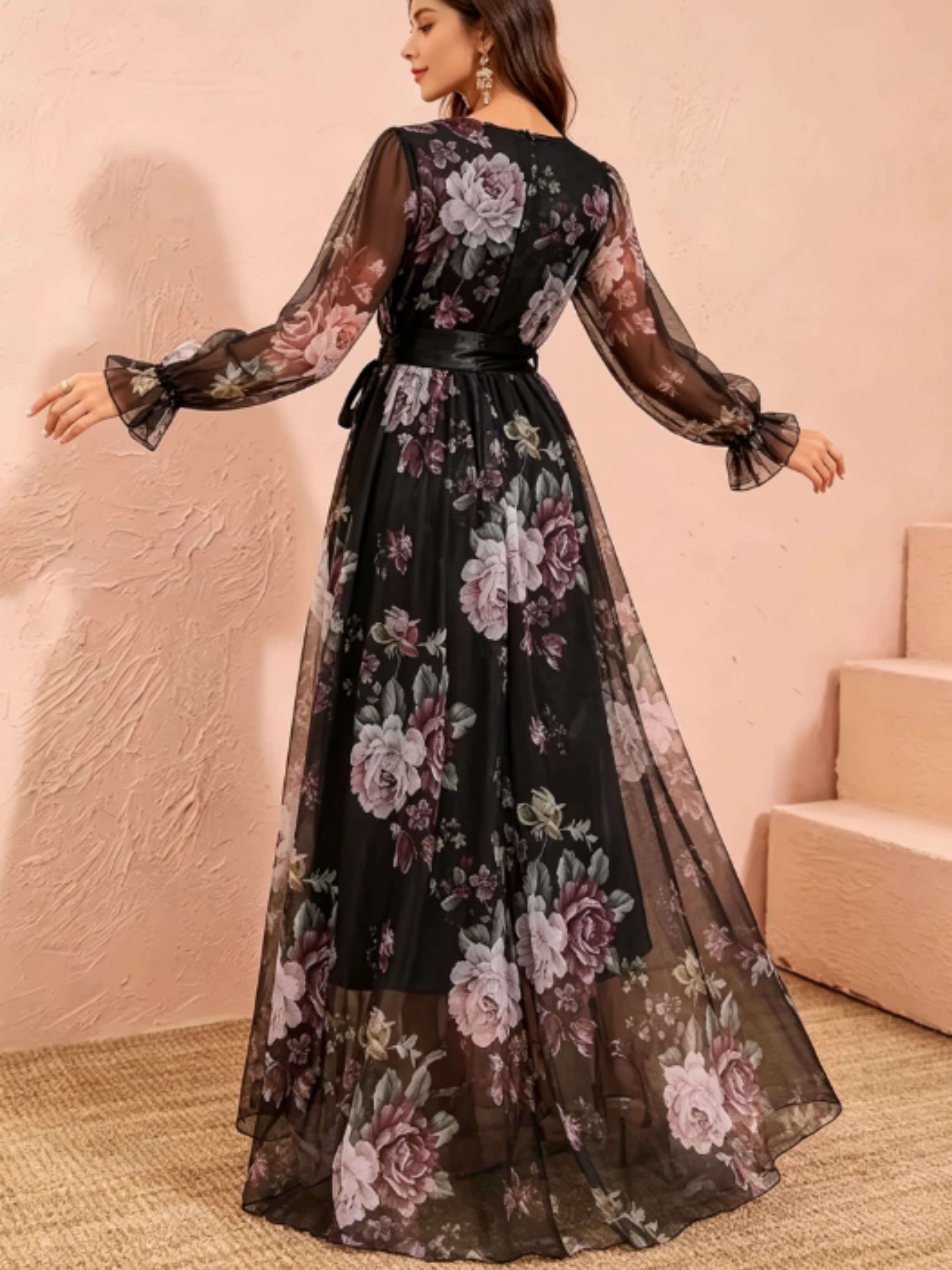 Black Floral Wrap V Neck Tulle Dress