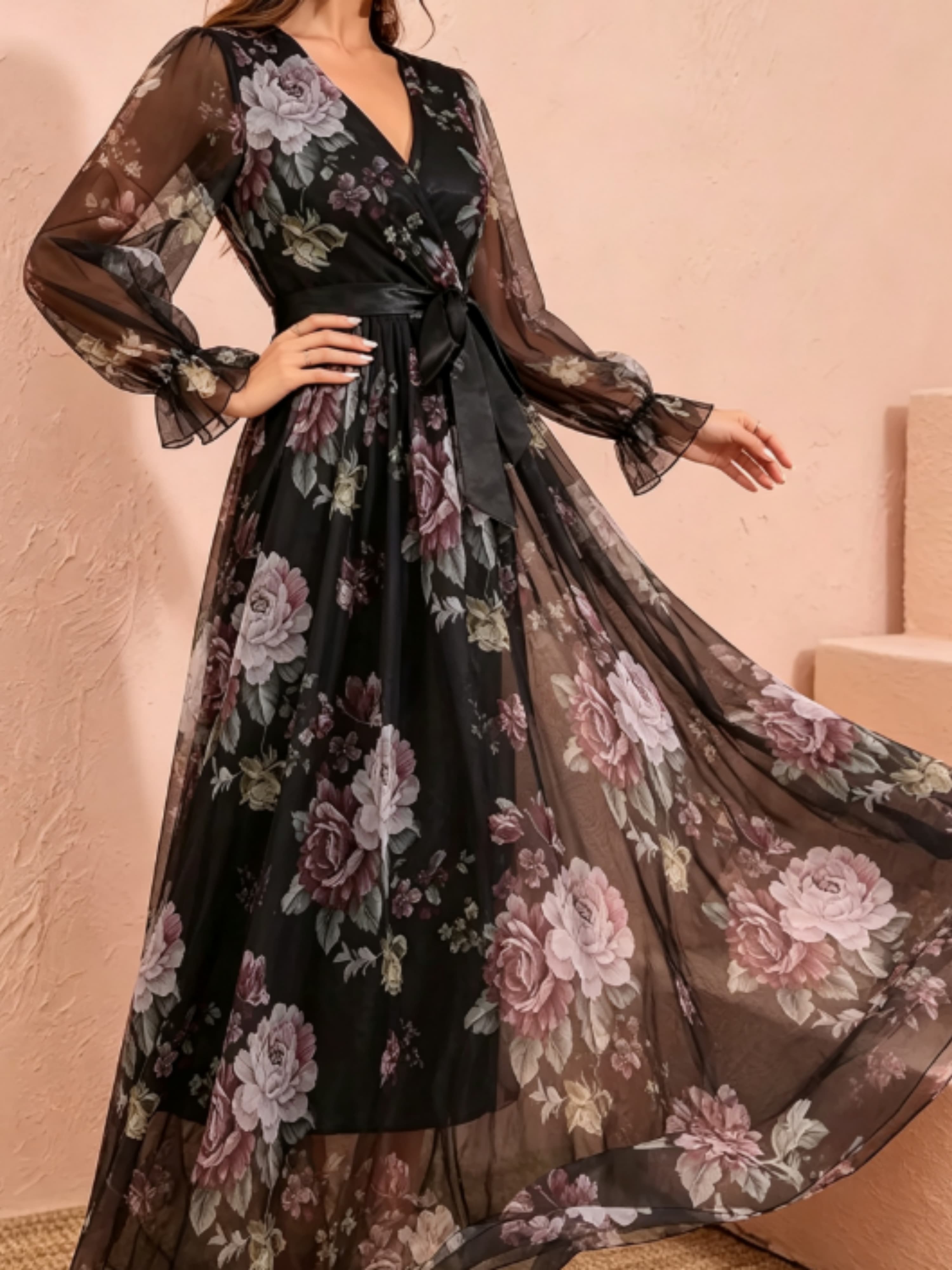 Black Floral Wrap V Neck Tulle Dress